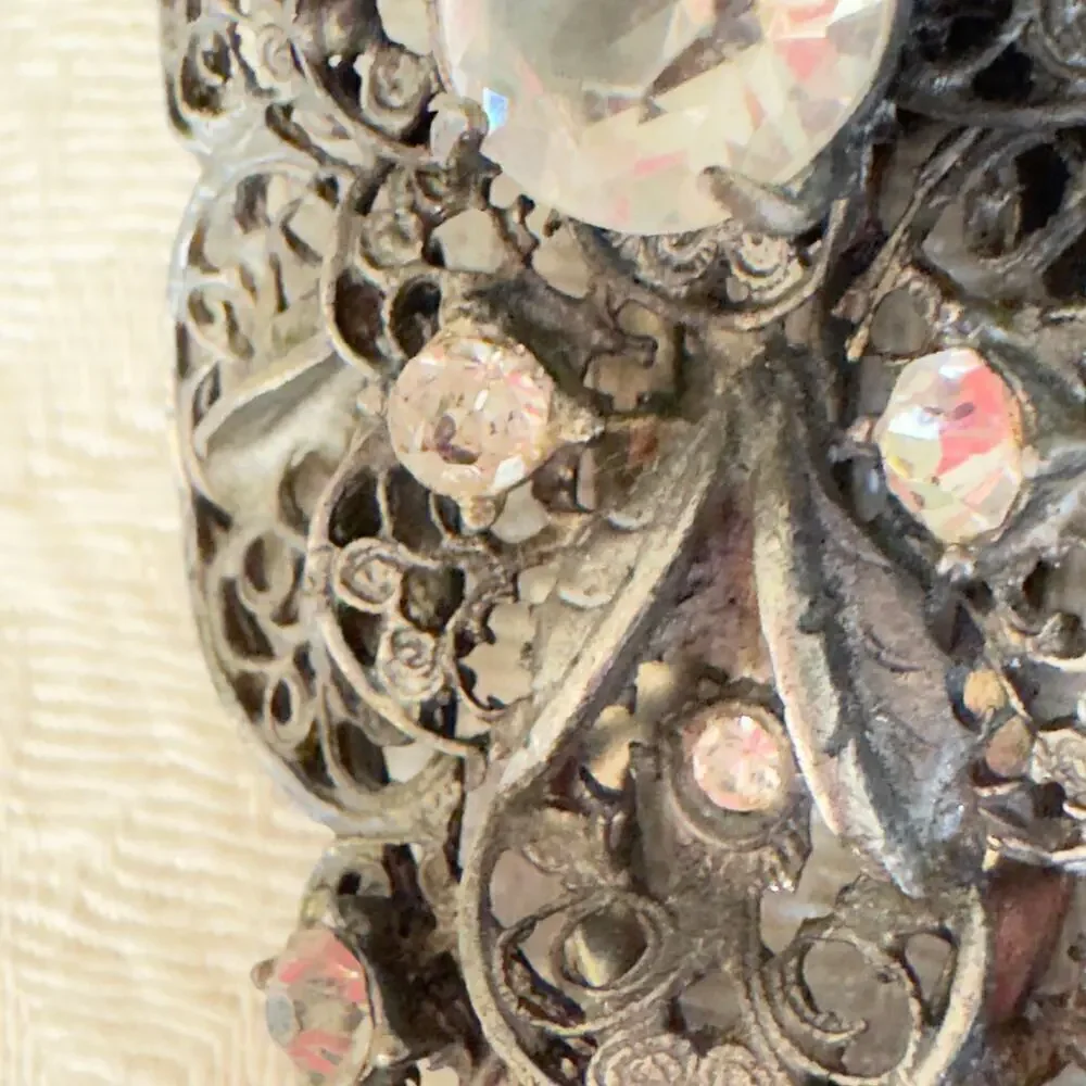 Vintage Art Nouveau Rhinestone Pot Metal Filigree and Flowers Dress Clip 1940s